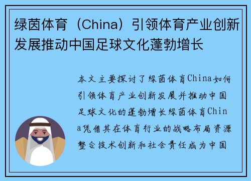 绿茵体育（China）引领体育产业创新发展推动中国足球文化蓬勃增长
